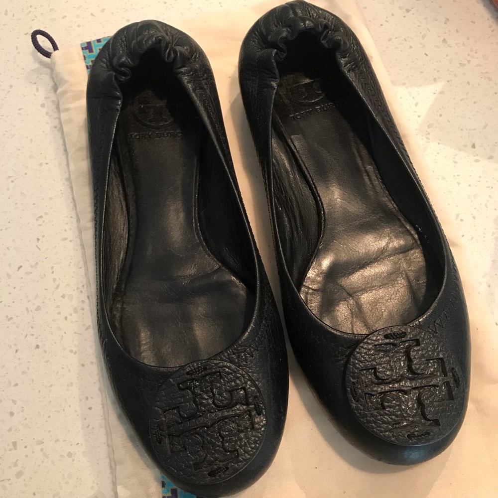 Tory Burch Reva Flats Black Pebbled Leather Sz 7